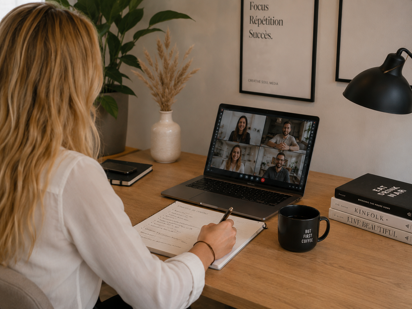 Aurélie révise et ajuste la stratégie social media avec carnet et MacBook