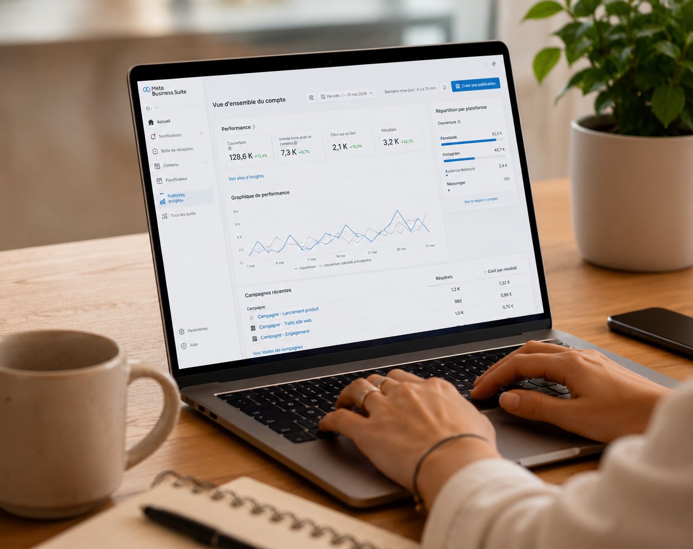 Aurélie analyse les statistiques d'un compte Instagram client via Meta Business Suite
